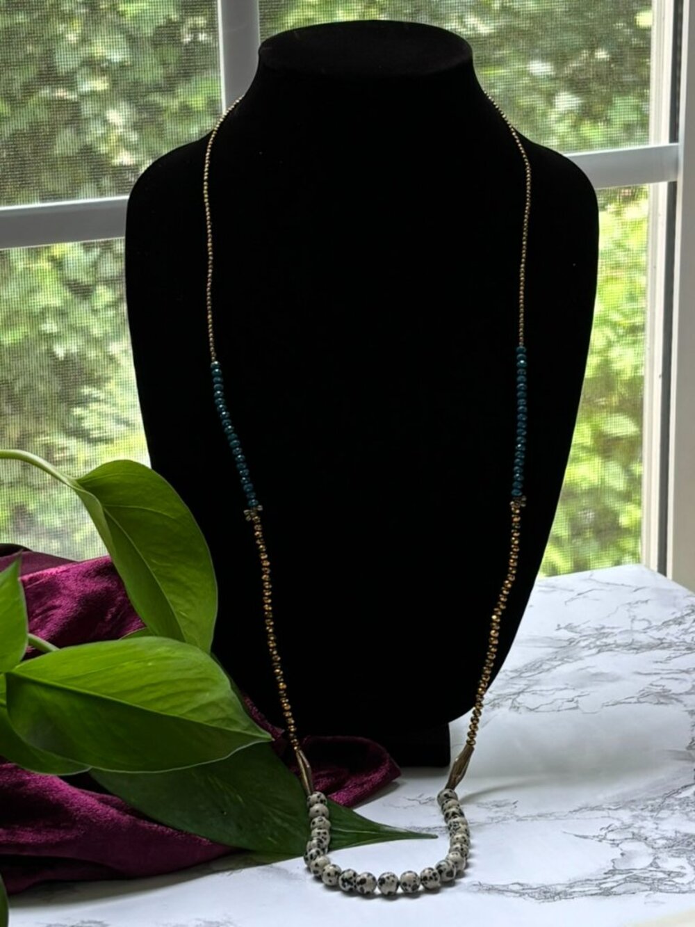 Artisan Dalmatian Jasper Layered Station Necklace, Teal Crystal and Pyrite Long
